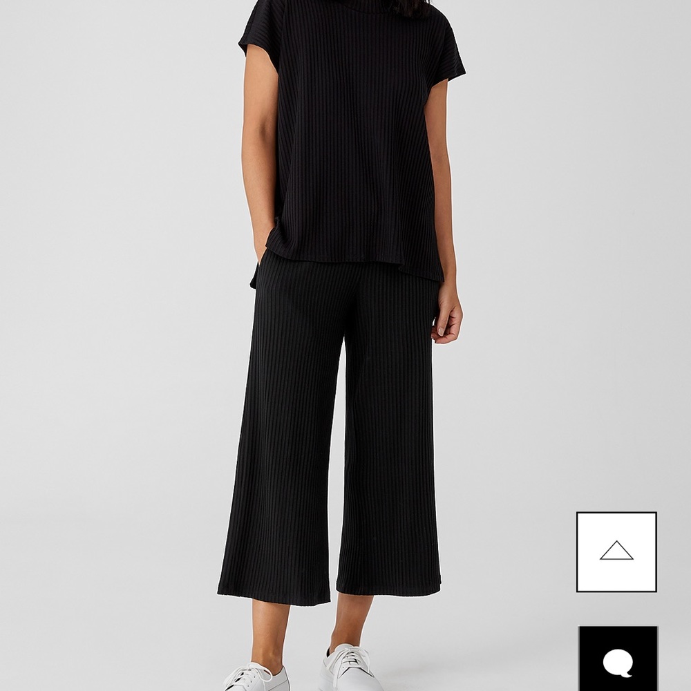 Eileen Fisher Wide Rib Pants Straight Leg Tencel Pull On Elastic Waist Stretch